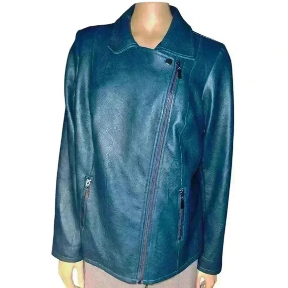 NWOT Alfani Women's Asymmetrical Zip Teal Faux Leather Jacket size 1X - Picture 4 of 13